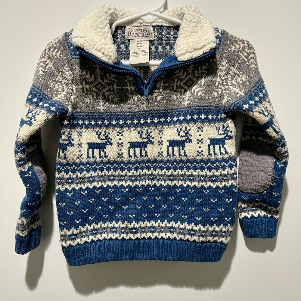 Ministry of Rascals boy's blue and grey knit sweater reindeer elbow patches